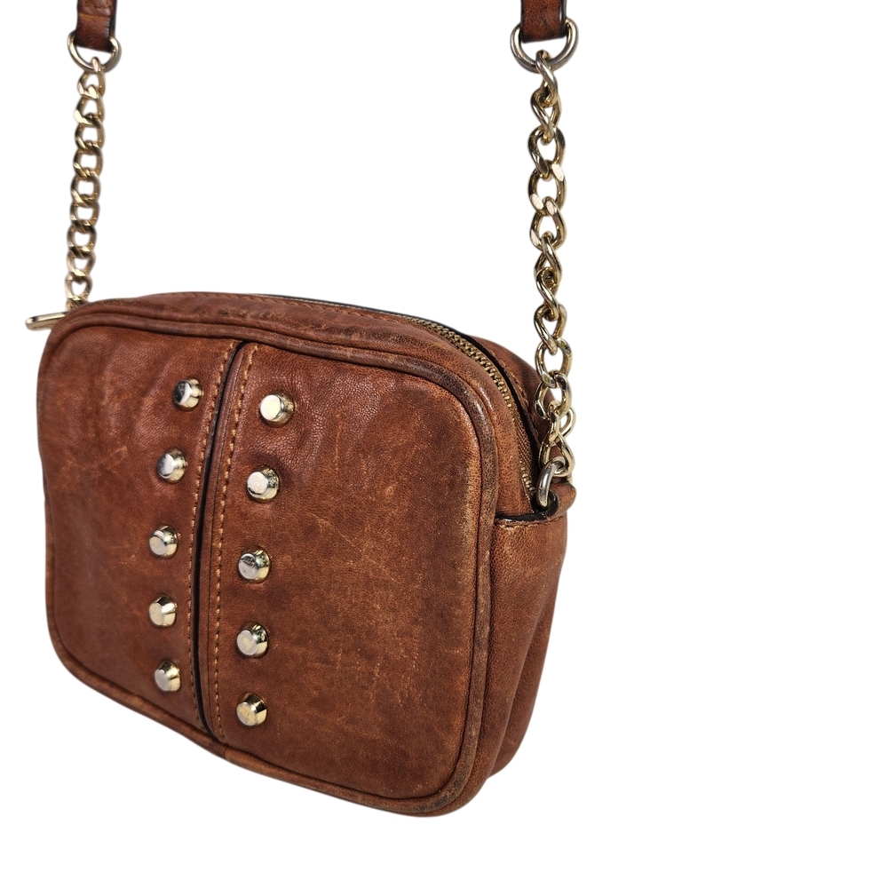 Michael Kors Brown Leather Uptown Astor Small Crossbody Bag Purse Gold Stud - Picture 2 of 13